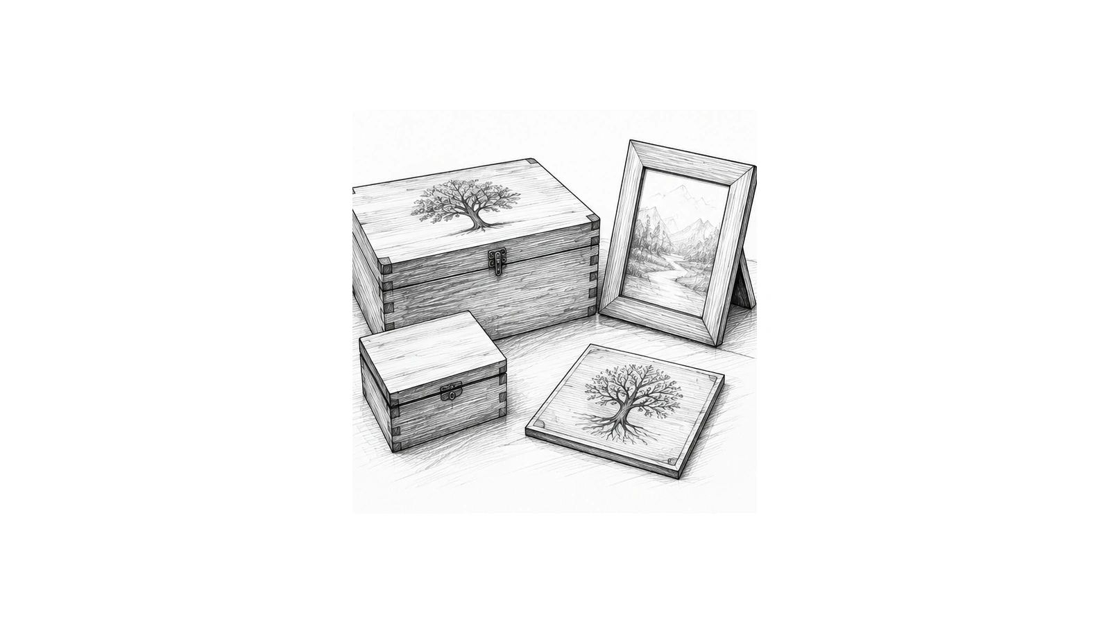 Wooden keepsake boxes and engraved storage illustration